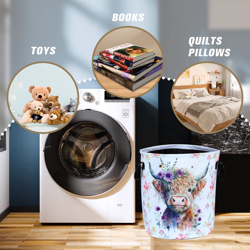 NUTAINLA Highland Cow Laundry Basket Foldable Waterproof Oxford Cloth Funny Tote Bag Laundry Hamper Clothes Storage Bucket Toy Organizer For Bathroom/Laundry Storage/Bedroom Storage Basket 17.7x13.7 Inch - Image 4