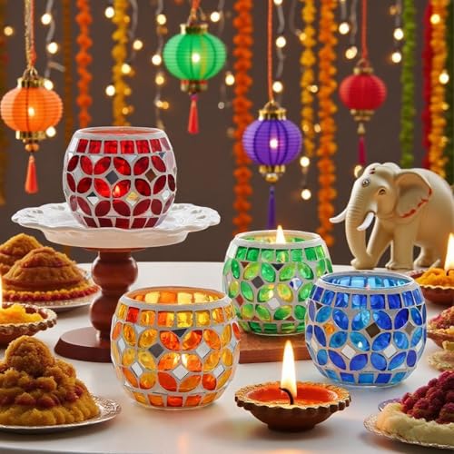 SHMILMH Mosaic Candle Holders Set of 4, Handmade Glass Tealight Votive Holders, Vibrant Red Yellow Blue Green for Diwali Christmas Wedding Party Decor, Year-Round Festive Centerpiece - Image 2