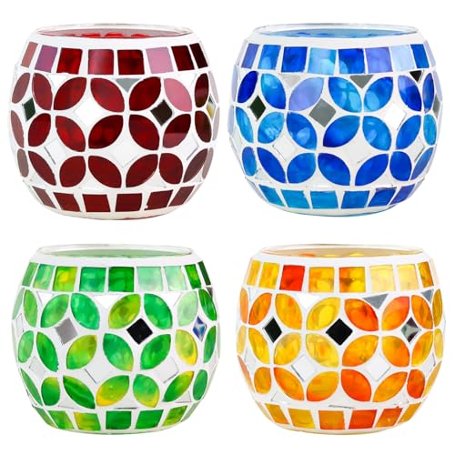 SHMILMH Mosaic Candle Holders Set of 4, Handmade Glass Tealight Votive Holders, Vibrant Red Yellow Blue Green for Diwali Christmas Wedding Party Decor, Year-Round Festive Centerpiece - Image 1