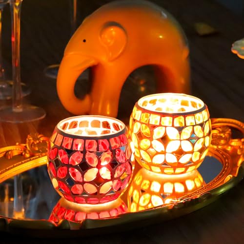 SHMILMH Mosaic Candle Holders Set of 4, Handmade Glass Tealight Votive Holders, Vibrant Red Yellow Blue Green for Diwali Christmas Wedding Party Decor, Year-Round Festive Centerpiece - Image 5