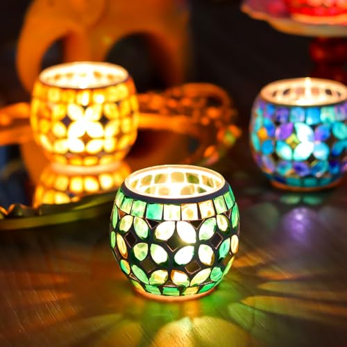 SHMILMH Mosaic Candle Holders Set of 4, Handmade Glass Tealight Votive Holders, Vibrant Red Yellow Blue Green for Diwali Christmas Wedding Party Decor, Year-Round Festive Centerpiece - Image 4