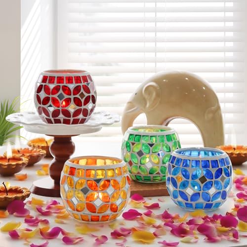 SHMILMH Mosaic Candle Holders Set of 4, Handmade Glass Tealight Votive Holders, Vibrant Red Yellow Blue Green for Diwali Christmas Wedding Party Decor, Year-Round Festive Centerpiece - Image 3