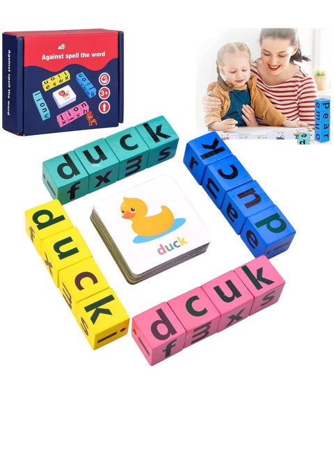 Wooden Alphabet Spelling Game with 40 Matching Cards - Montessori Learning Toy for Kids Age 3+ - Fun Crossword Puzzle Activity