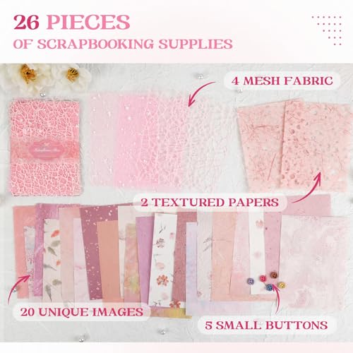Dizdkizd Pink Scrapbook Paper and Textured Mesh Fabric Pack for Greeting Cards, Photo Albums, Baby Shower Decor, Artwork, 4.0 x 5.5 Inches - Image 2