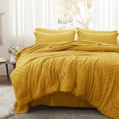 Anluoer Queen Comforter Set Mustard Yellow Tufted Bed in a Bag 7 Pieces with Sheets All Season Bedding Sets 1 Comforter 2 PillowShams Pillowcases Flat Sheet Fitted Sheet ANUS23CF04YE8888