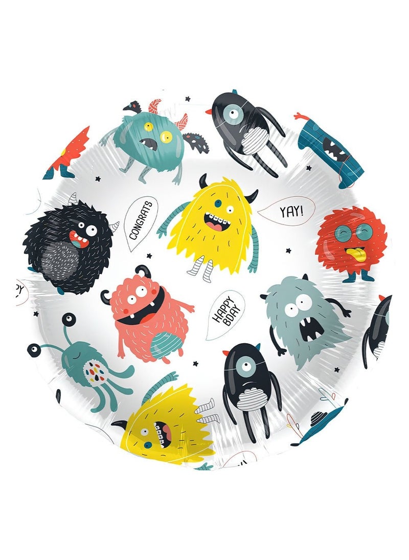 Folat Monster Happy Birthday Foil Balloon Round White Multicolor 45cm - Image 1