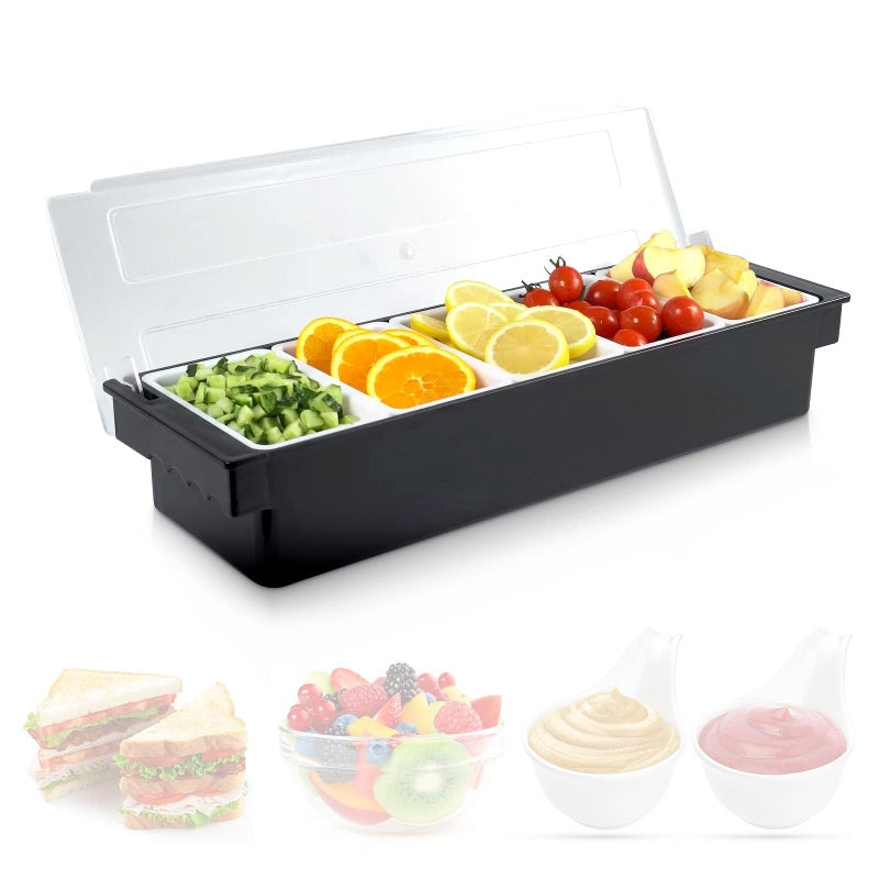 POWLAB Fruit Veggie  Condiment Caddy with Lid Dispenser Tray Garnish Station for Bartending  Serving Taco 1 5 Compartment