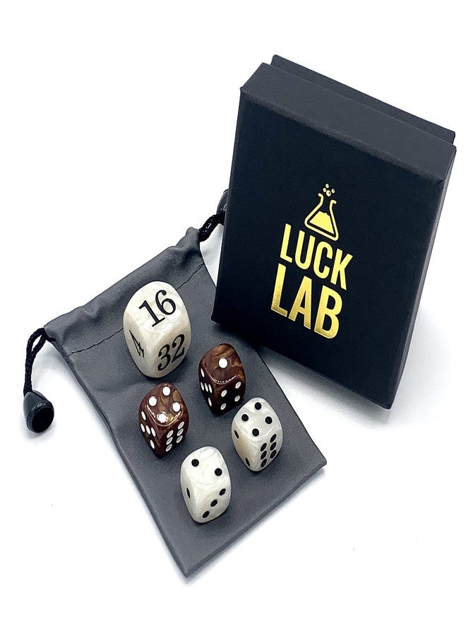 Luck Lab Backgammon Pearl Dice Set - 22 mm Doubling Cube Plus Four 16 mm Dice with Storage Bag, Brown/White Marbelized - Image 3