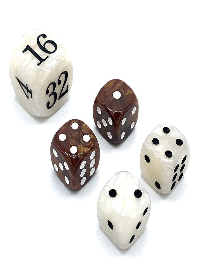 Luck Lab Backgammon Pearl Dice Set - 22 mm Doubling Cube Plus Four 16 mm Dice with Storage Bag, Brown/White Marbelized - Image 1