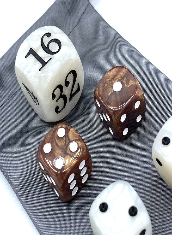 Luck Lab Backgammon Pearl Dice Set - 22 mm Doubling Cube Plus Four 16 mm Dice with Storage Bag, Brown/White Marbelized - Image 5