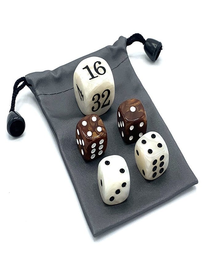 Luck Lab Backgammon Pearl Dice Set - 22 mm Doubling Cube Plus Four 16 mm Dice with Storage Bag, Brown/White Marbelized - Image 4