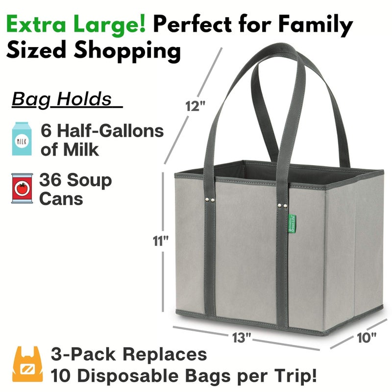 Creative Green Life Creative Green Life Reusable Grocery Bags (3 Pack) – Heavy Duty Reusable Shopping Bags with Box Shape to Stand Up, Stay Open, Fold Flat – Large Tote Bags with Long Handles & Reinforced Bottom (Gray)  - Image 5