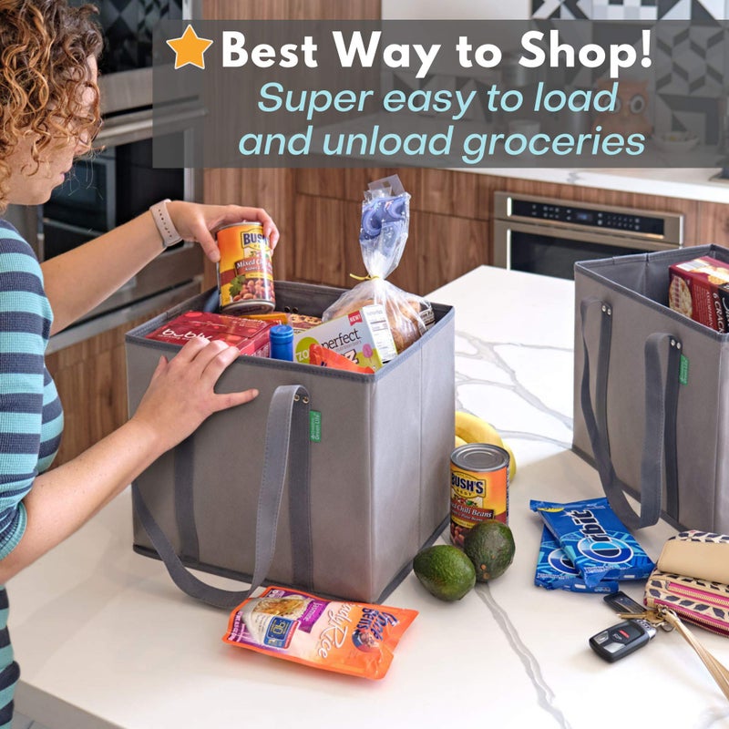 Creative Green Life Creative Green Life Reusable Grocery Bags (3 Pack) – Heavy Duty Reusable Shopping Bags with Box Shape to Stand Up, Stay Open, Fold Flat – Large Tote Bags with Long Handles & Reinforced Bottom (Gray)  - Image 3