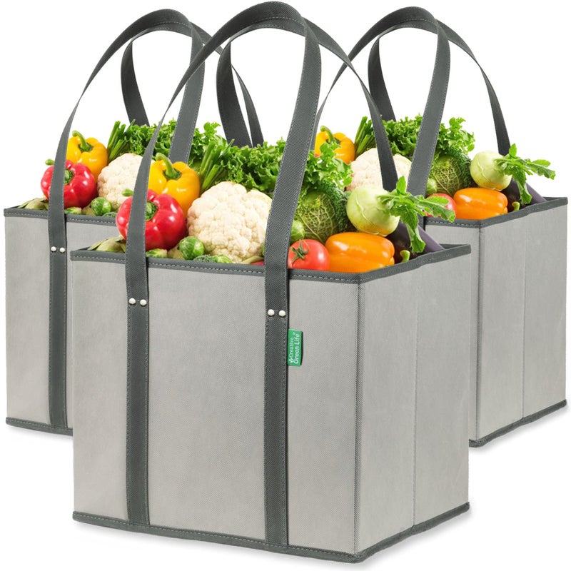 Creative Green Life Creative Green Life Reusable Grocery Bags (3 Pack) – Heavy Duty Reusable Shopping Bags with Box Shape to Stand Up, Stay Open, Fold Flat – Large Tote Bags with Long Handles & Reinforced Bottom (Gray)  - Image 1