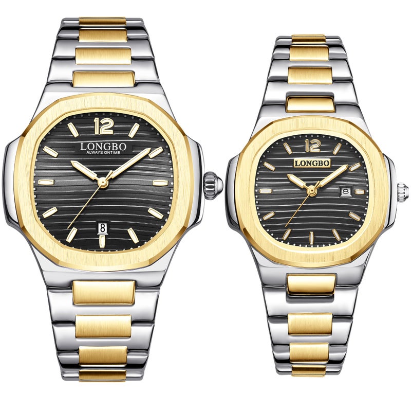 LONGBO Analogue Couple Watch Set - Elegant Dual Tone Band and Octagonal Case, Stainless Steel Band | Marriage Gift Set for Men and Women (Silver-Gold-Black) - Image 1