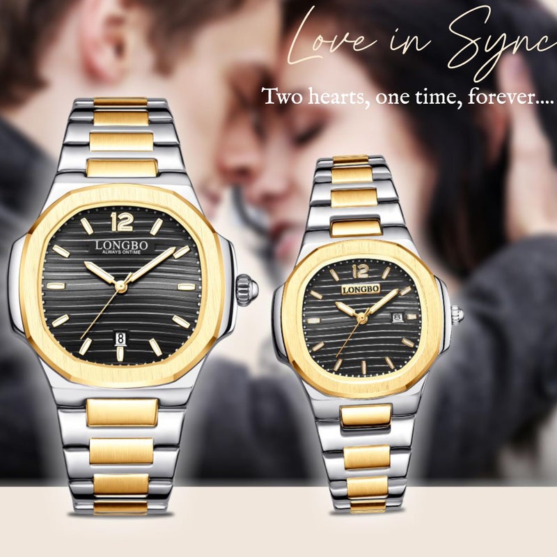 LONGBO Analogue Couple Watch Set - Elegant Dual Tone Band and Octagonal Case, Stainless Steel Band | Marriage Gift Set for Men and Women (Silver-Gold-Black) - Image 2