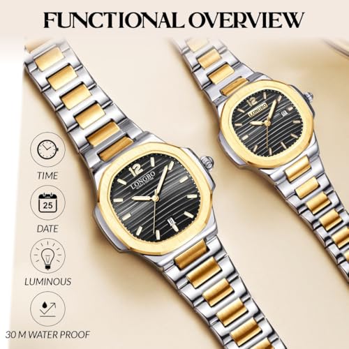 LONGBO Analogue Couple Watch Set - Elegant Dual Tone Band and Octagonal Case, Stainless Steel Band | Marriage Gift Set for Men and Women (Silver-Gold-Black) - Image 3