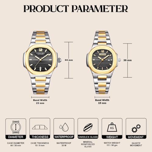 LONGBO Analogue Couple Watch Set - Elegant Dual Tone Band and Octagonal Case, Stainless Steel Band | Marriage Gift Set for Men and Women (Silver-Gold-Black) - Image 4