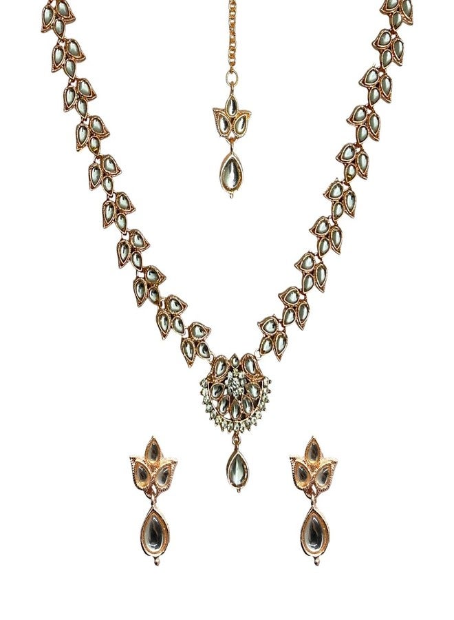 ACCESSHER White Kundan Necklace Set for Women & Girls with Earrings and Maang Tikka – Lightweight, Elegant Jewellery for Weddings & Special Occasions (Gold) - Image 1