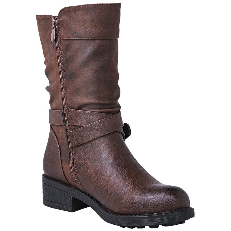 GLOBALWIN Women's Fall Fashion Biker Boots Mid Calf Boots For Women Brown Low Heel Size 7M - Image 3