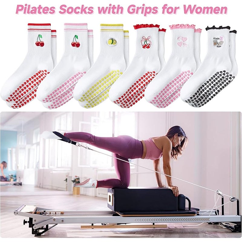 DZSoCoki Grip Socks Pilates,4/6Pairs Cotton Cute Pilates Socks for Women, Ruffle Grippy Sock for Yoga Barre Hospital 5-10in - Image 2