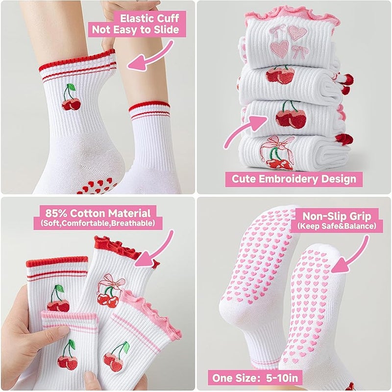 DZSoCoki Grip Socks Pilates,4/6Pairs Cotton Cute Pilates Socks for Women, Ruffle Grippy Sock for Yoga Barre Hospital 5-10in - Image 3