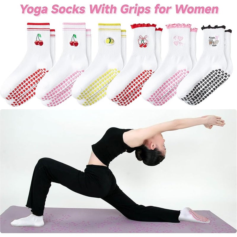 DZSoCoki Grip Socks Pilates,4/6Pairs Cotton Cute Pilates Socks for Women, Ruffle Grippy Sock for Yoga Barre Hospital 5-10in - Image 4