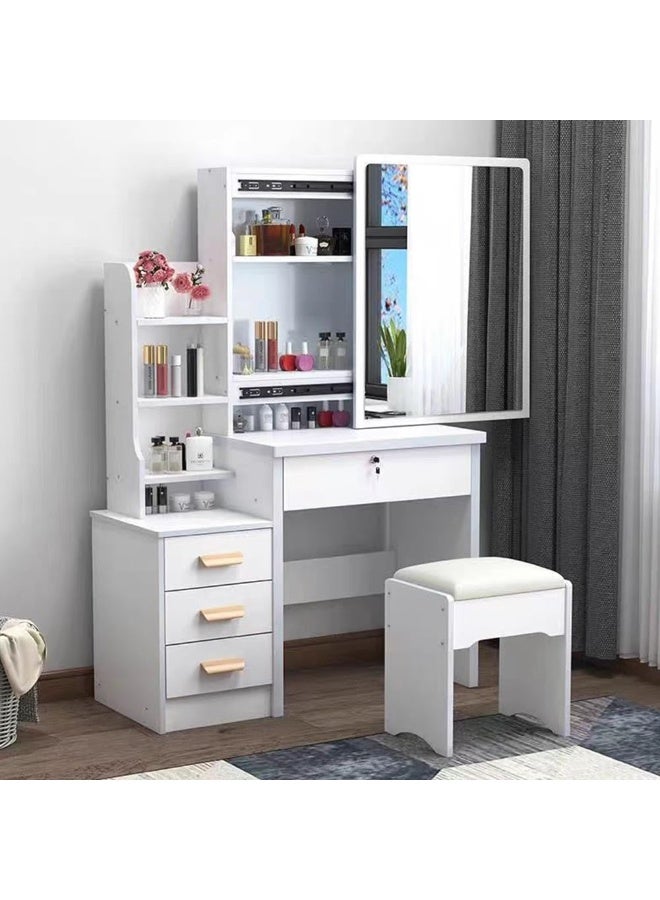 م.ا & ف'س طاولة تزيين بمرآة منزلقة، طاولة تزيين صغيرة الحجم بعرض 80 سم مع 4 أدراج تخزين، أرفف مخفية عالية السعة، تتضمن كرسيًا مطابقًا (أبيض) - Image 1