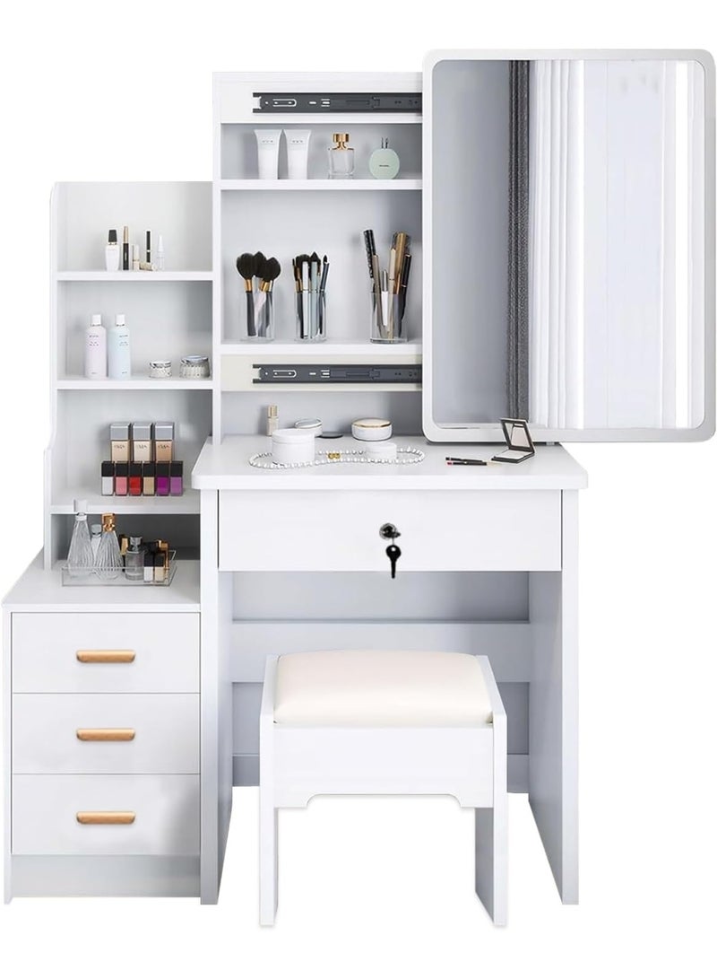 م.ا & ف'س طاولة تزيين بمرآة منزلقة، طاولة تزيين صغيرة الحجم بعرض 80 سم مع 4 أدراج تخزين، أرفف مخفية عالية السعة، تتضمن كرسيًا مطابقًا (أبيض) - Image 3