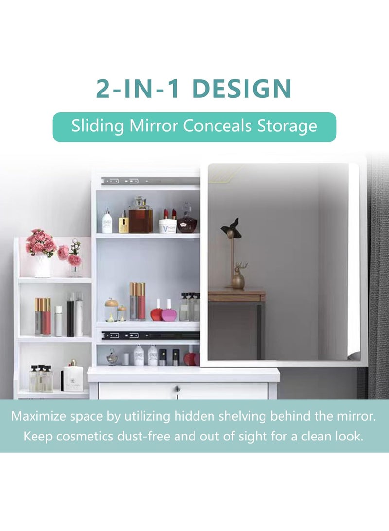 م.ا & ف'س طاولة تزيين بمرآة منزلقة، طاولة تزيين صغيرة الحجم بعرض 80 سم مع 4 أدراج تخزين، أرفف مخفية عالية السعة، تتضمن كرسيًا مطابقًا (أبيض) - Image 2