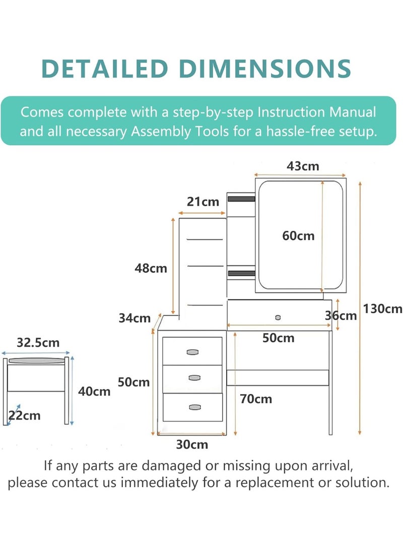 م.ا & ف'س طاولة تزيين بمرآة منزلقة، طاولة تزيين صغيرة الحجم بعرض 80 سم مع 4 أدراج تخزين، أرفف مخفية عالية السعة، تتضمن كرسيًا مطابقًا (أبيض) - Image 4
