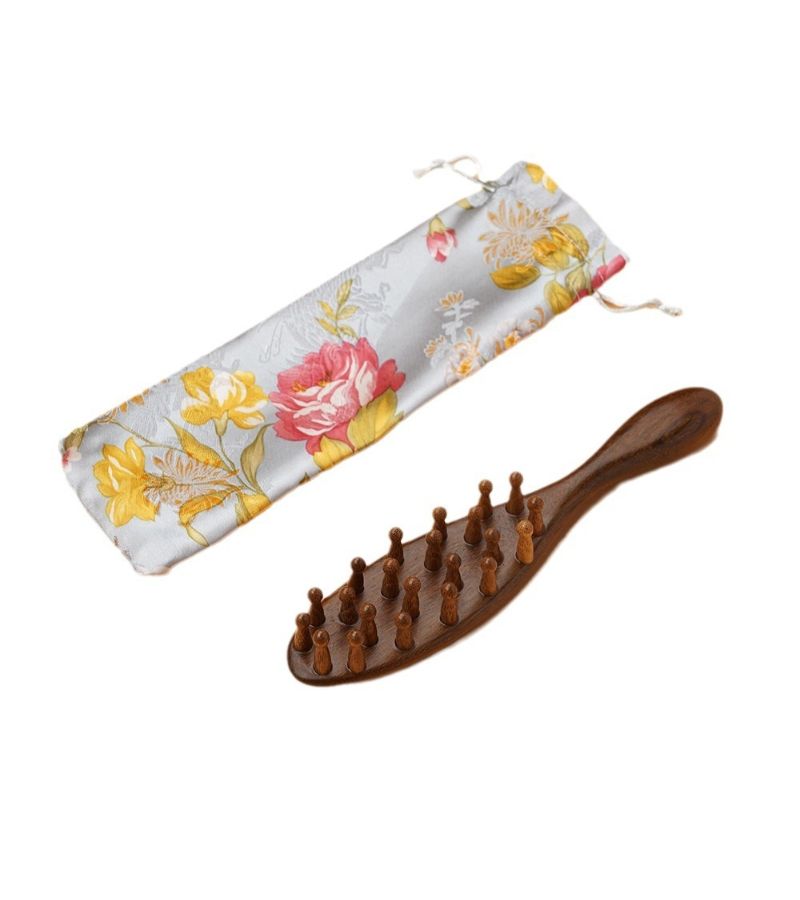 Golden Sandalwood Handle Meridian Massage Wooden Comb 7.87 Inch Solid Wood Non Horn Comb With Cloth Bag Gift - Image 1