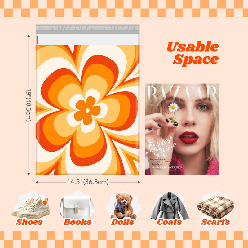 Metronic Poly Mailers 14.5x19 50pc Orange Flower,Waterproof Self Seal Shipping Bags Envelopes, Cute Floral Mailers Poly Bags Packaging Mailing Bags for Small Business Packing Shipping Clothes & Gifts - Image 2