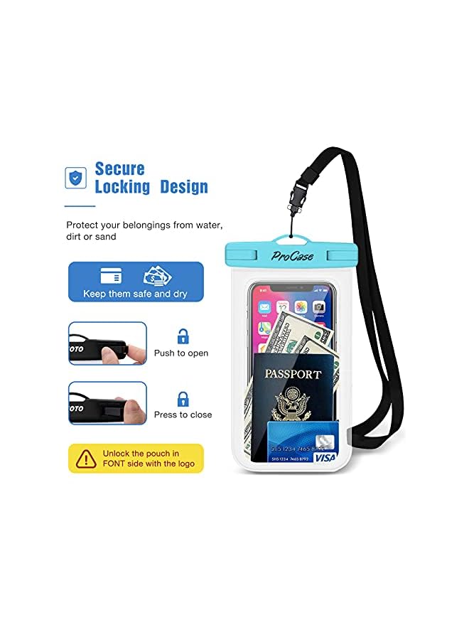 Procases Universal Waterproof Pouch, Cellphone Dry Bag Underwater 7" Case for iPhone 14 13 12 11 Pro Max Plus, iPhone Xs Max XR X 8 7 6S, Galaxy S20 Ultra S10 S9 S8-4 Pack,Blue Green Pink Yellow - Image 3