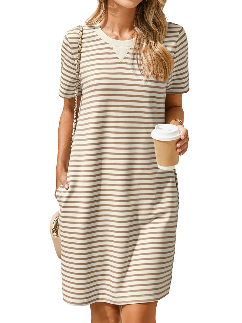 Glamaker Women Summer Tshirt Shift Dress Casual Striped Short Sleeve Crew Neck Knee Length Comfy Dress with Pockets (Khaki Stripe M) - Image 1