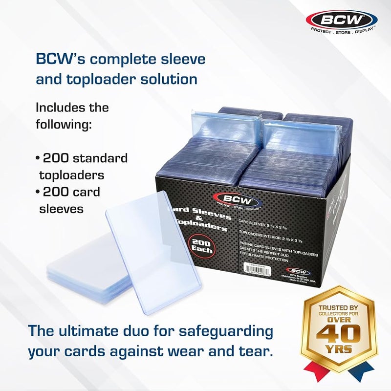بي سي دبليو BCW 200 Count Card Sleeve and Toploader Combo Pack | Premium Rigid PVC Toploaders and Acid-Free Polypropylene Penny Sleeves | Great for Football, Baseball, Magic The Gathering, Pokemon, YuGiOh, etc - Image 2