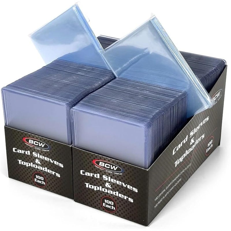 بي سي دبليو BCW 200 Count Card Sleeve and Toploader Combo Pack | Premium Rigid PVC Toploaders and Acid-Free Polypropylene Penny Sleeves | Great for Football, Baseball, Magic The Gathering, Pokemon, YuGiOh, etc - Image 1