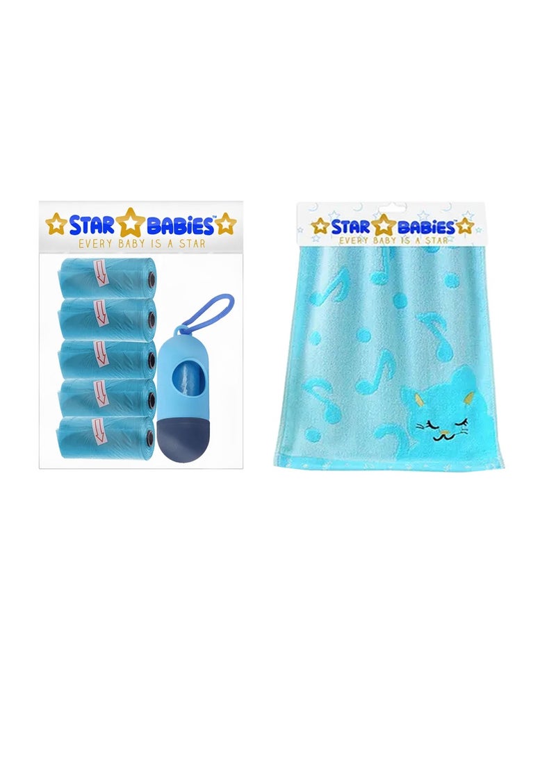 STAR BABiES Star Babies - Combo Pack of 2- Scented Bag Pack of 5 (75 Bags w/Dispenser) with Bamboo Towel - Blue - Image 1
