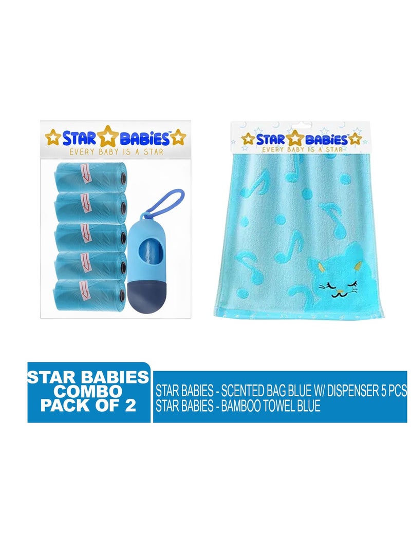 STAR BABiES Star Babies - Combo Pack of 2- Scented Bag Pack of 5 (75 Bags w/Dispenser) with Bamboo Towel - Blue - Image 2
