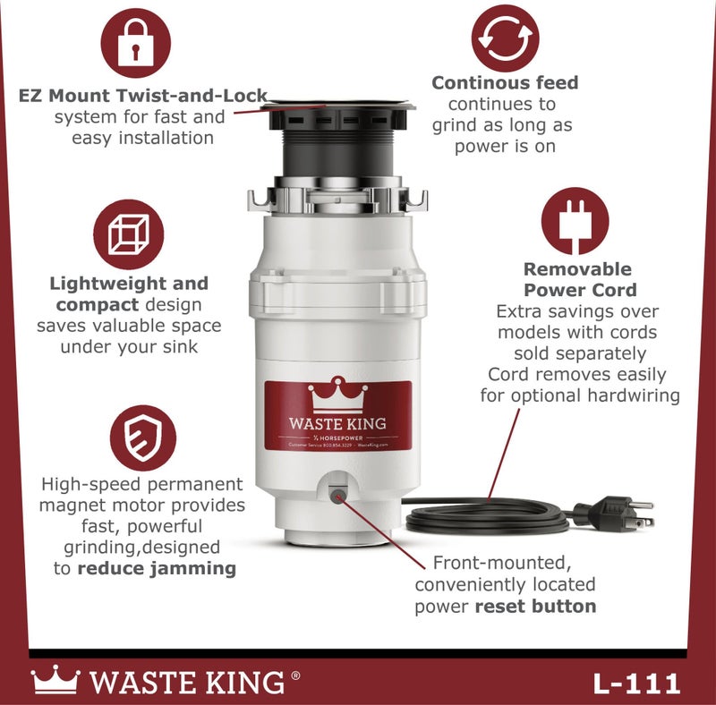 Waste King Garbage Disposal for Kitchen Sink with Power Cord, Compact Food Waste Disposer, L-111 - Image 4