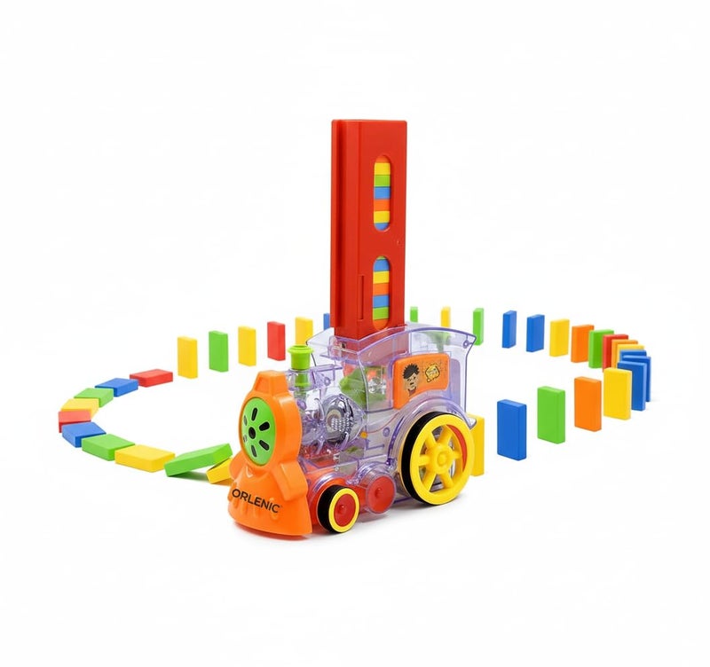 Orlenic 120 Pcs Domino Train Toy Set with Lights and Sounds, Automatic Laying Domino Rally Train Model, Construction and Stacking Educational Toys for Kids, Interactive STEM Building Game, Ages 3+ - Image 1