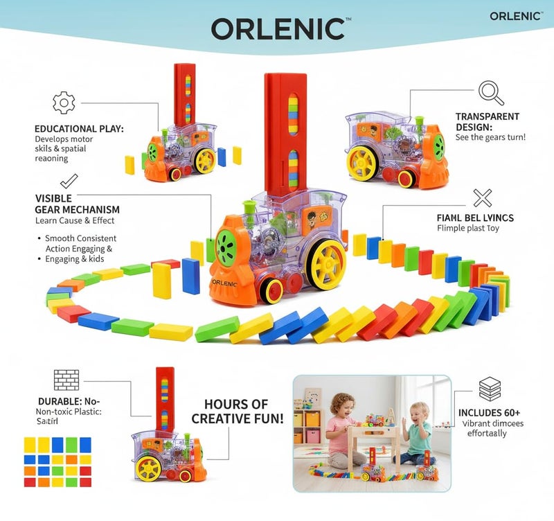 Orlenic 120 Pcs Domino Train Toy Set with Lights and Sounds, Automatic Laying Domino Rally Train Model, Construction and Stacking Educational Toys for Kids, Interactive STEM Building Game, Ages 3+ - Image 2