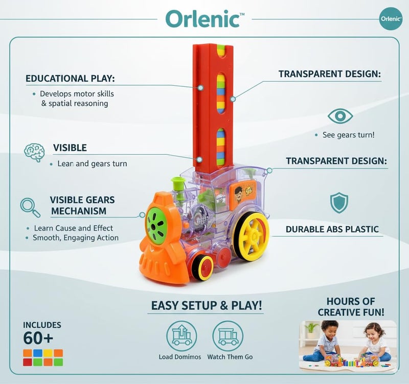 Orlenic 120 Pcs Domino Train Toy Set with Lights and Sounds, Automatic Laying Domino Rally Train Model, Construction and Stacking Educational Toys for Kids, Interactive STEM Building Game, Ages 3+ - Image 3