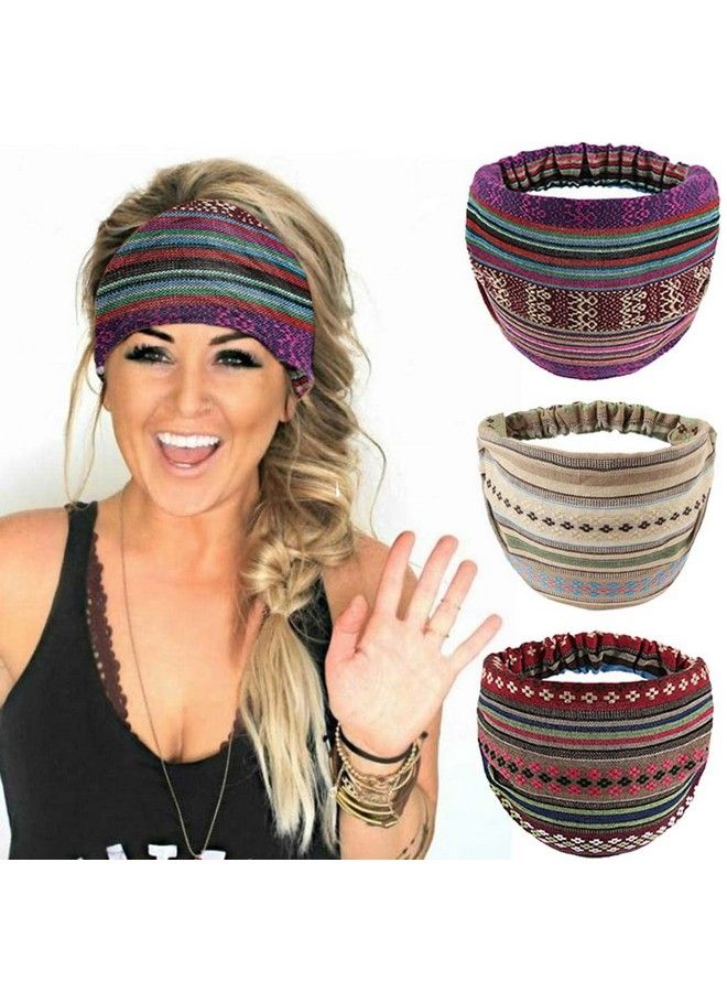 GORTIN Boho Headbands Blue Extra Wide Stretch Hair Bands Knotted Turban Headband Stripe Twist Head Wraps Elastic Head Bands Fashion Headwear For Women And Girls Pack Of 3 (Set 2) - Image 1