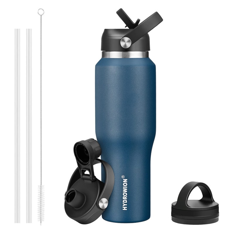 HYDROWION 32oz Stainless Steel Water BottleCold for 48 Hrs Hot for 24 Hrs Double Wall Vacuum Insulated Water Flask with Straw Lid Spout Lid and Flex Cap Fit in Any Car Cup Holder Cobalt