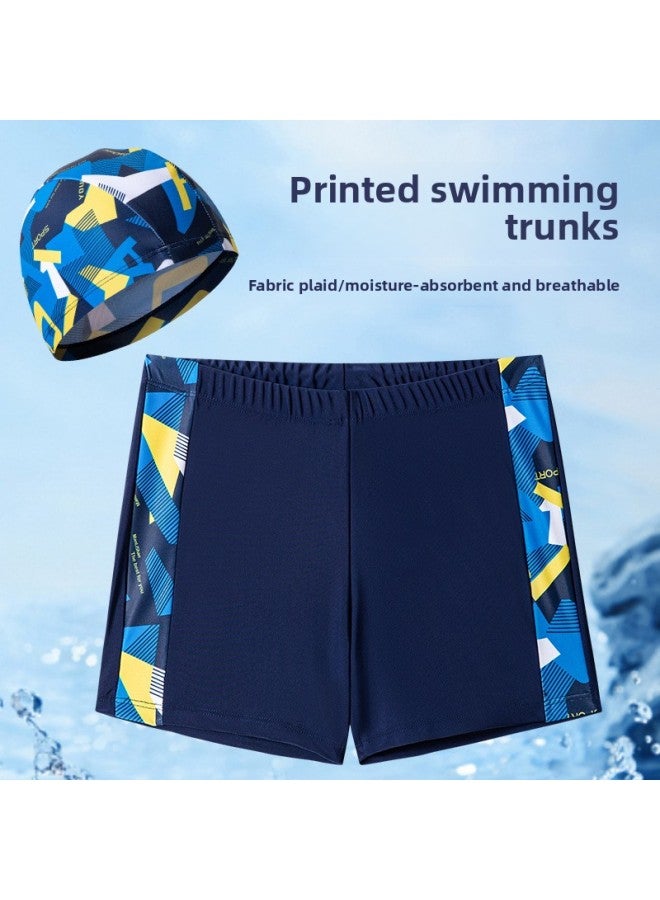 Loquat Boys' Swimsuit Suit Swimming Cap Medium And Big Children Camouflage Swimming Cap Two Pieces Suit Cartoon Swimming Trunks-Color:Yellow Plaid Camouflage Pants + Swimming Cap- - Image 2