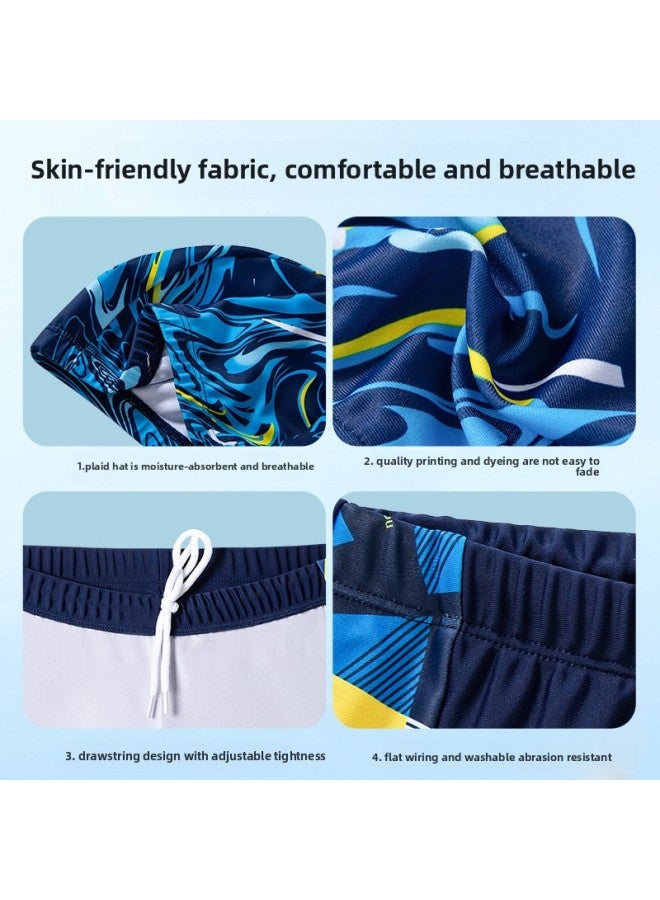 Loquat Boys' Swimsuit Suit Swimming Cap Medium And Big Children Camouflage Swimming Cap Two Pieces Suit Cartoon Swimming Trunks-Color:Yellow Plaid Camouflage Pants + Swimming Cap- - Image 5