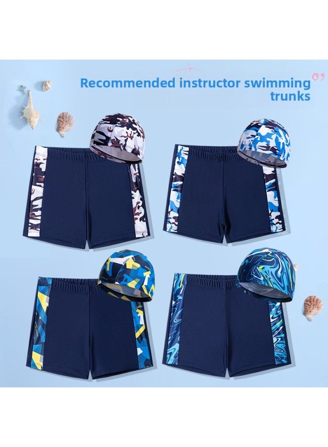 Loquat Boys' Swimsuit Suit Swimming Cap Medium And Big Children Camouflage Swimming Cap Two Pieces Suit Cartoon Swimming Trunks-Color:Yellow Plaid Camouflage Pants + Swimming Cap- - Image 3