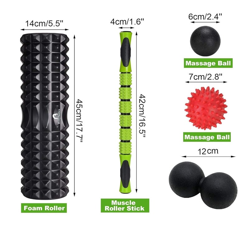 Bodylastics 6-in-1 18" large Size Foam Roller Kit Includes Massage Stick, 3 Massage Balls & Storage Bag for Pre & Post Workout Sessions, Physical Therapy, Deep Tissue Pain Relief, Myofascial Release - Image 2