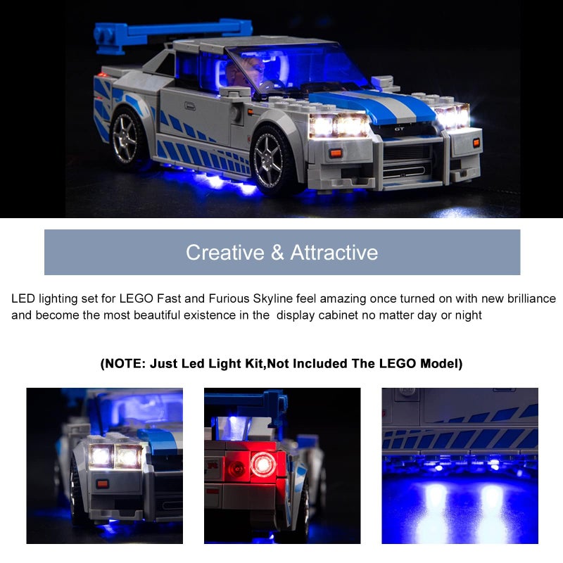 BrickBling LED Light Kit Compatible with Lego Speed Champions Fast & Furious Nissan Skyline GT-R (R34) Car Building Set, Blue Underglow Lights Compatible with Lego 76917 - Not Come with Model - Image 4